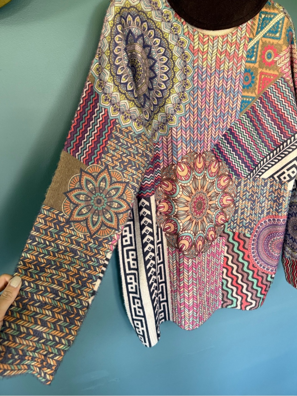Wool / cotton Bohemian Multicolor Mosaic Print Sweater